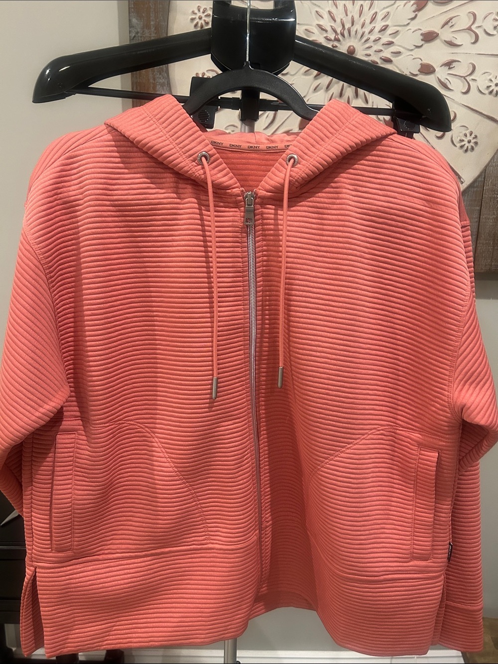 DKNY Woman’s Ribbed Full Zip Hoodie Jacket in Coral Best for a size medium/large - Picture 1 of 10